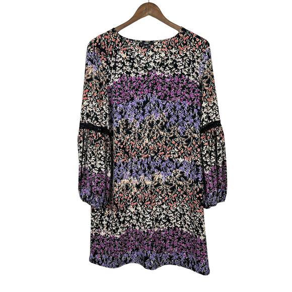 MSK | Black & Purple Micro Floral Print Long Sleeve V-neck Mini Shift Dress - Picture 2 of 9